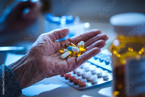 Aged Hand Holding Multiple Medications 