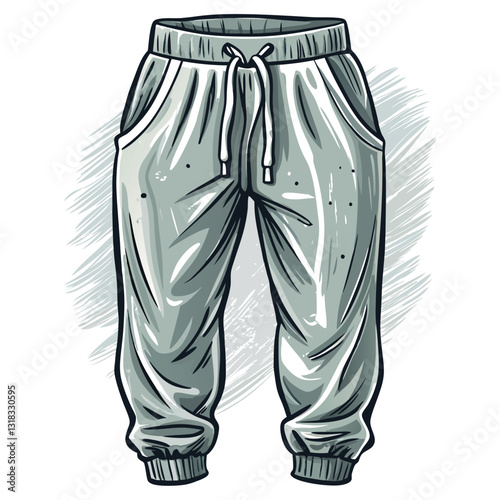 Generate a vector realistic image of sweatpants with visible texture, folds, and subtle shading, showcasing different fabric weights and colors.