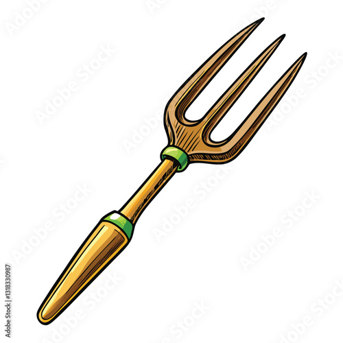 Close-up image of a vintage, three-pronged weeding fork with a weathered wooden handle, showing detail and texture.