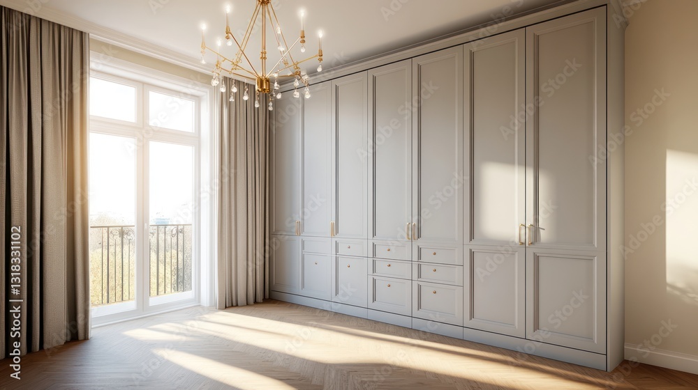 Obraz premium Sunlight streams into bedroom with large wardrobe, showcasing interior design