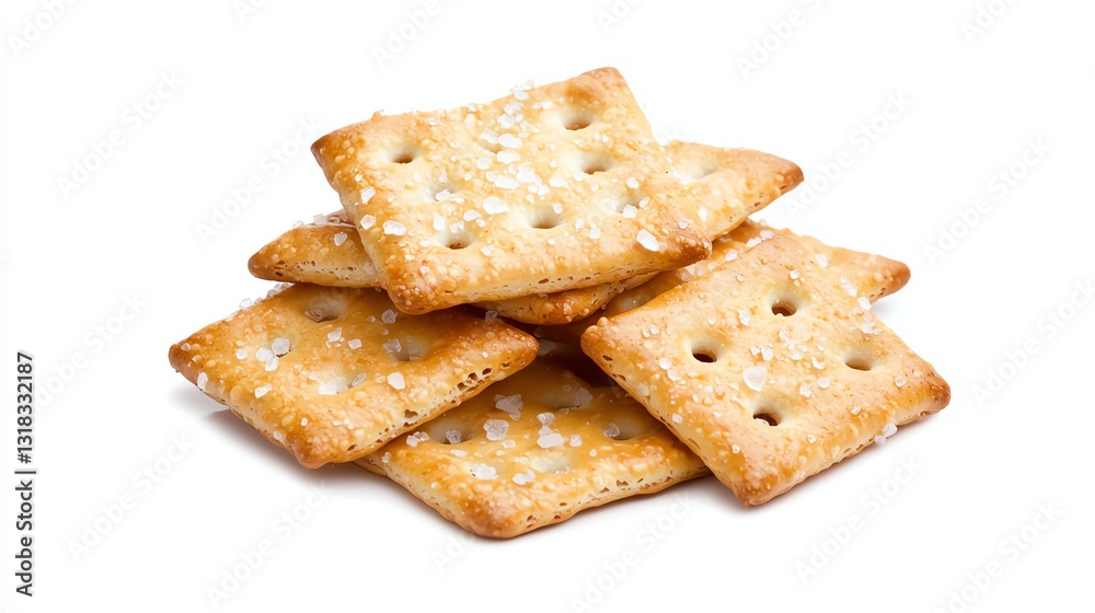 A stack of crispy, golden crackers with a sprinkle of sea salt, presented on a white isolated background, perfect for snacking or serving with cheese. A stack of crispy, golden crackers with a sprinkle of sea salt, presented on a white isolated background, perfect for snacking or serving with cheese.
