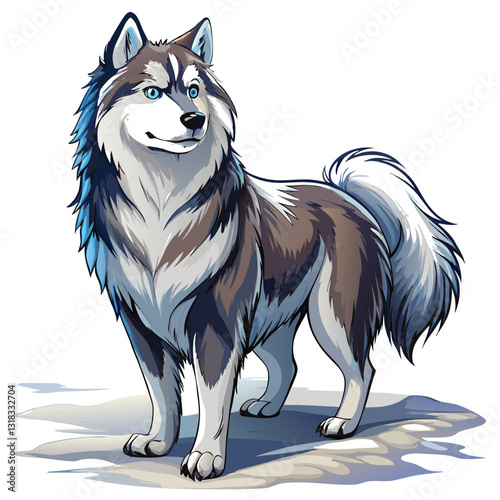 A majestic Alaskan Malamute dog stands proudly in deep, untouched snow, its thick fur providing ample warmth against the winter chill.