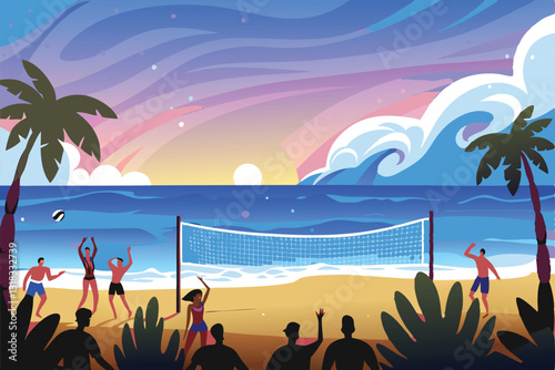 Vibrant sunny beach scene; energetic volleyball game underway, players diving, sand flying, bright blue sky.
