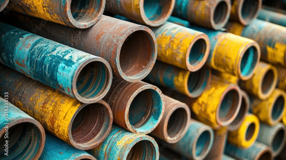 A warehouse filled with neatly stacked industrial pipes A warehouse filled with neatly stacked industrial pipes