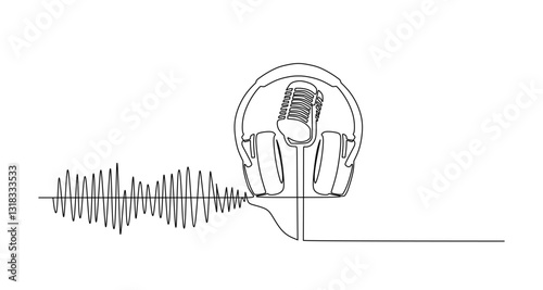 One continuous editable linear music player soundbar template with microphone button. Sound waves  podcast in line art style. Vector illustration