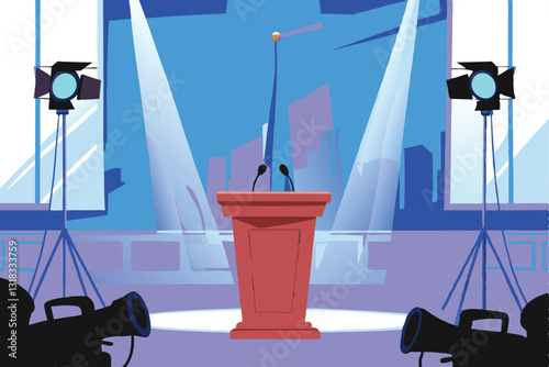 A politician delivers a speech at a sleek, modern press conference podium; subtle lighting, minimalist design.