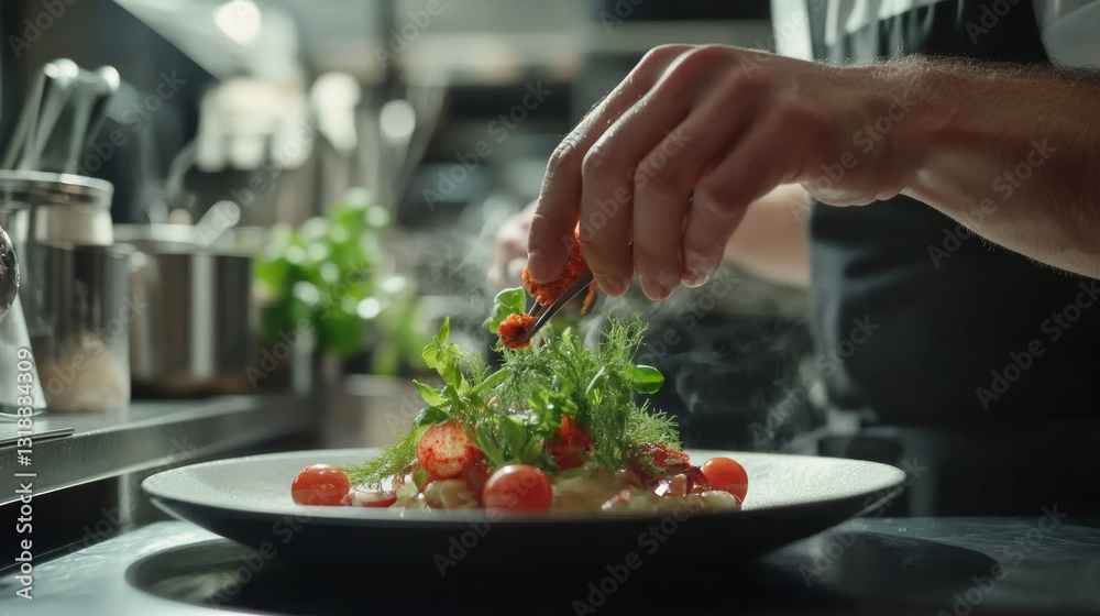 Skilled chef adding fresh herbs and vibrant ingredients to garnished dish in modern restaurant kitchen Skilled chef adding fresh herbs and vibrant ingredients to garnished dish in modern restaurant kitchen
