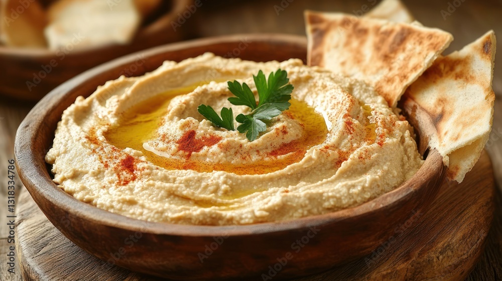 Creamy hummus with pita bread, olive oil, and paprika Creamy hummus with pita bread, olive oil, and paprika