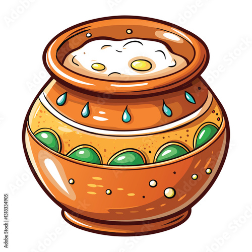 A rustic clay pot brimming with freshly churned cow's milk, showcasing its creamy texture and natural color.  Details should be sharp and realistic.
