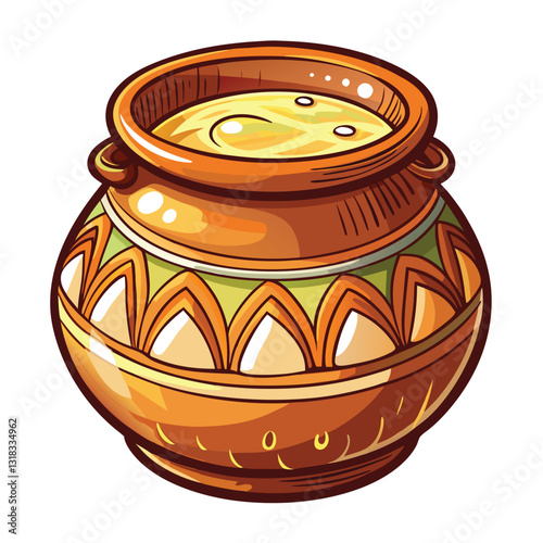A rustic clay pot overflowing with freshly churned, creamy cow's milk, showcasing traditional dairy farming.