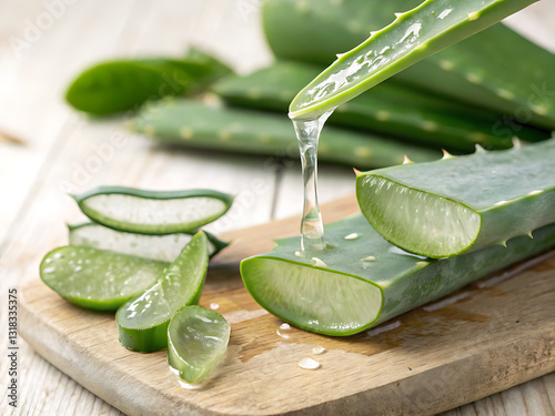 Aloe Vera Gel Extraction: Fresh aloe vera leaves are sliced open, revealing the soothing gel inside.  Drops of pure aloe vera gel drip onto a wooden cutting board.