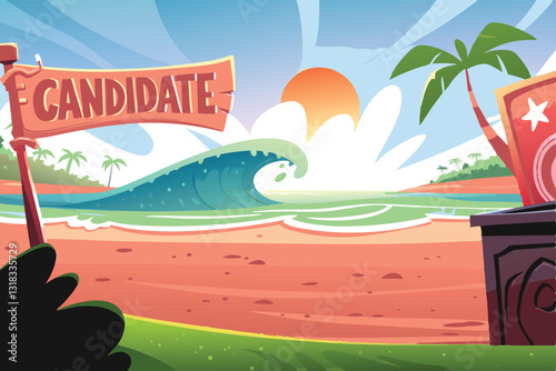 A political candidate delivers a speech on a wide, sunny beach, addressing a crowd.  The ocean stretches out behind them.