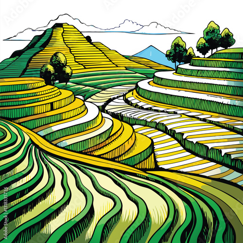 Stunning aerial view of meticulously terraced rice paddies, showcasing vibrant green rows descending a hillside.  Detailed texture and sharp focus.