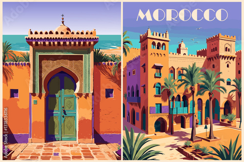 Set of Morocco Travel Destination Posters in retro style. Ancient architecture landscape prints. Exotic summer vacation, holidays concept. Vintage vector colorful illustrations.