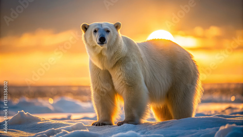 Majestic polar bear stands on snow as warm golden light illuminates scene
