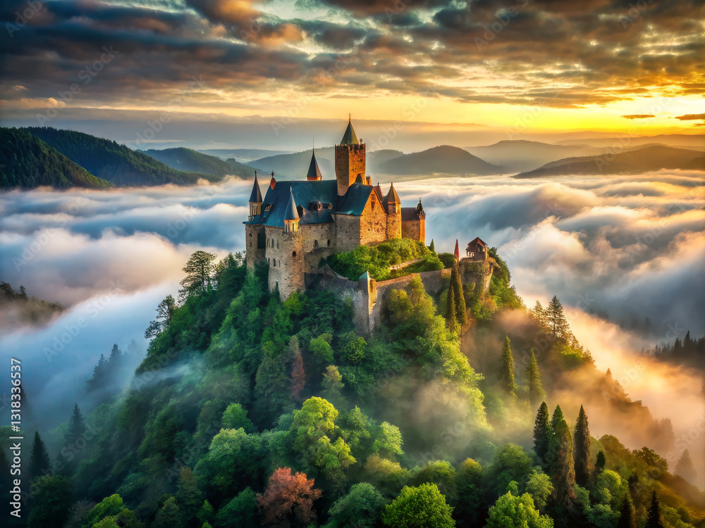 Majestic ancient castle towers pierce misty dawn skies over rugged stone Majestic ancient castle towers pierce misty dawn skies over rugged stone