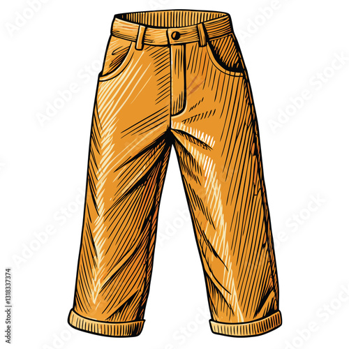 Create a vector illustration of a pair of brown corduroy pants, showcasing the distinctive wale texture.  Include details like pockets and seams.