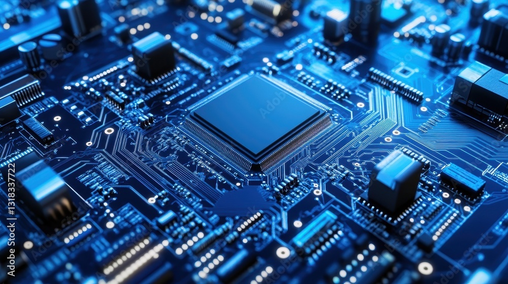 A Chip surrounded by various components on a circuit electronic board on a blue background. Template background concept for various products such as smartphones, tablets, laptops, PCBs, game consoles A Chip surrounded by various components on a circuit electronic board on a blue background. Template background concept for various products such as smartphones, tablets, laptops, PCBs, game consoles