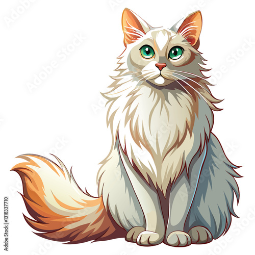 A pristine white Turkish Angora cat, elegantly posed, sits majestically.  Show its long, silky fur and piercing blue eyes.
