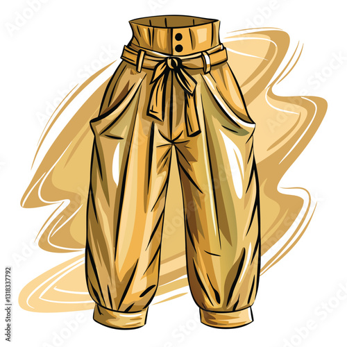 Create a vector illustration of a realistic pair of paper bag pants, showcasing detailed creases and folds for a high-fashion aesthetic.