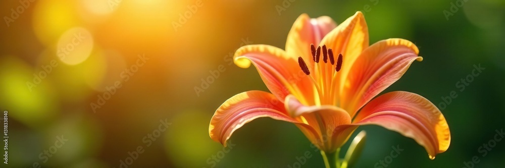 Fototapeta premium Delicate lily flower closeup in warm sunlight, flora, botanical