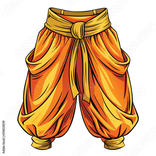 Illustrate a pair of flowing harem pants in a realistic vector style, showcasing intricate detailing and fabric drape.  Show various folds and creases.