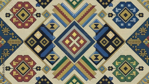 Vivid Cross Stitch Geometric Ethnic Pattern in Red, Blue, Yellow, and Green on Beige