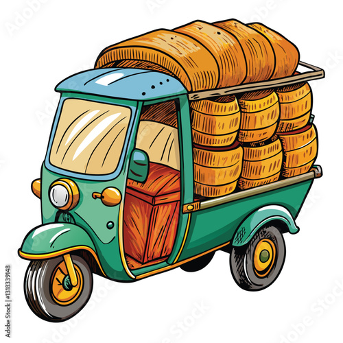 A vintage three-wheeled farm tractor, possibly a motorised cart, carrying a single, unspecified load, set against a rural backdrop.