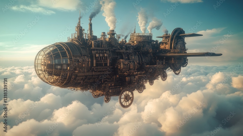 Fototapeta premium Steampunk Airship Above Clouds