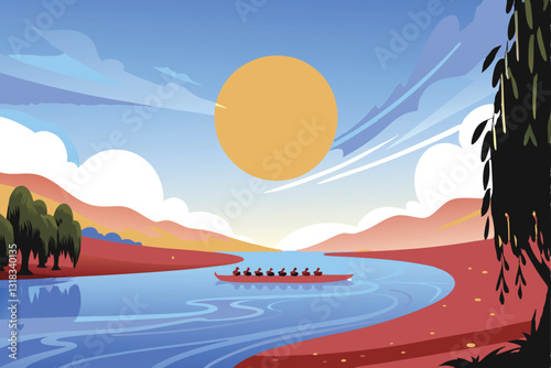 Serene landscape painting a single rower glides on a winding river cutting through a lush, verdant valley.  Sunlight bathes the scene.
