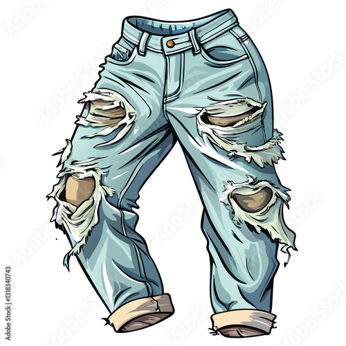 Design a vector illustration of realistically ripped jeans, showing frayed edges, distressed denim texture, and visible stitching.  Include different levels of wear and tear.