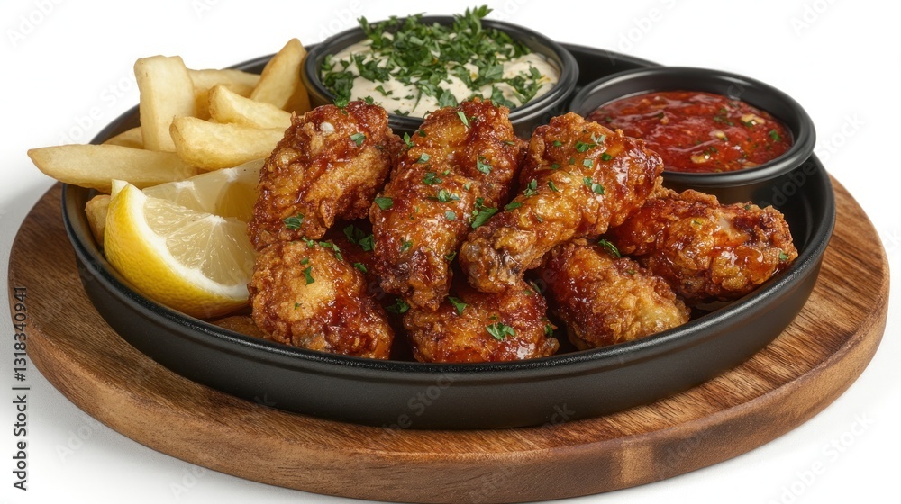 Crispy Chicken Wings with Fries and Dips on a Wooden Plate Crispy Chicken Wings with Fries and Dips on a Wooden Plate
