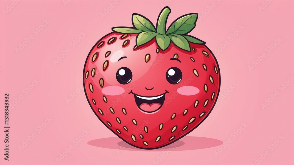 Obraz premium Cute kawaii red strawberry character with smiling face on pink background. Hand drawn vector illustration