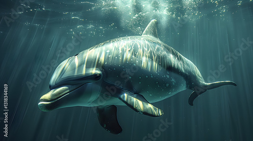 A graceful dolphin swimming through sunlit ocean waters, surrounded by shimmering light rays