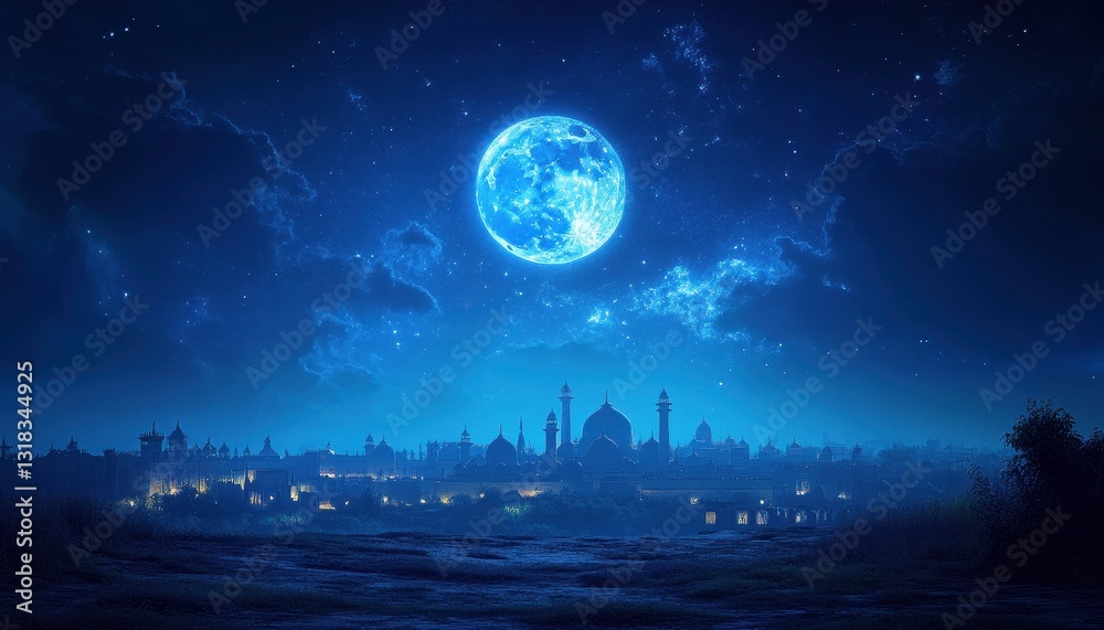 Fototapeta premium Night Cityscape Under a Bright Blue Moon and Starry Sky