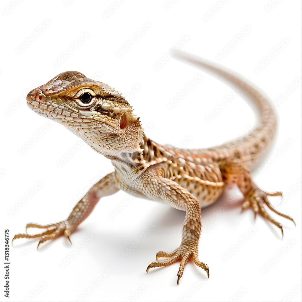 Fototapeta premium Detailed Close-up of a Small Lizard in Bright White Background