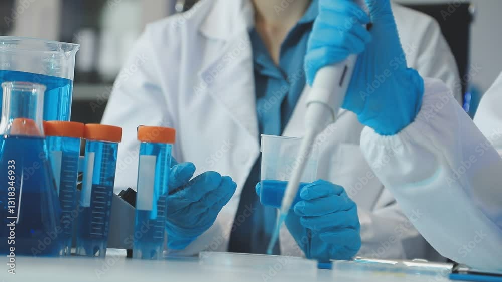 Scientist using microscope in laboratory. Close-up of a researcher's hands adjusting a modern microscope in a lab setting. Science concept