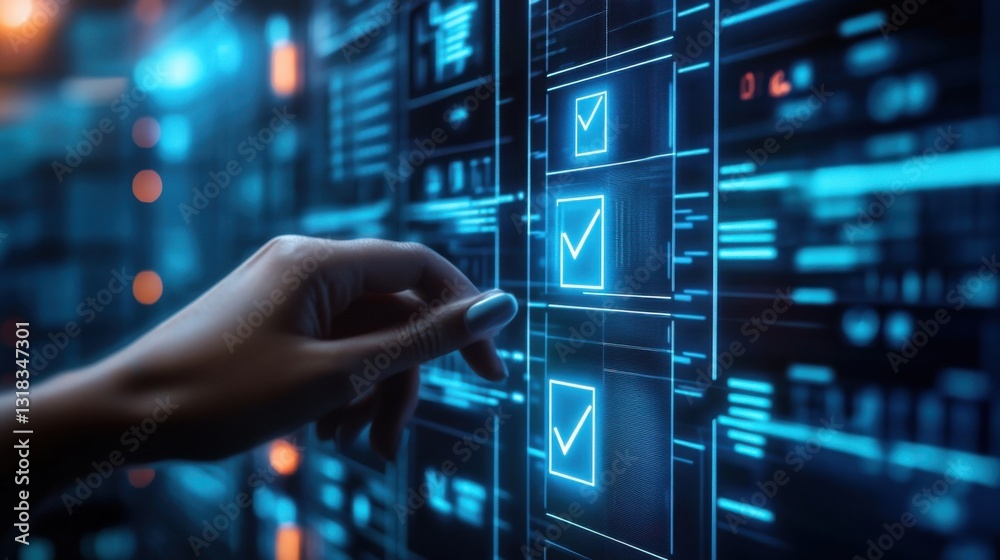 A businessperson hand selecting a checkmark on a futuristic digital interface, glowing with blue neon. A businessperson hand selecting a checkmark on a futuristic digital interface, glowing with blue neon.