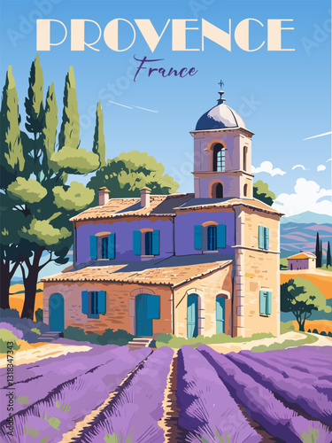 Provence, France Travel Destination Poster in retro style. Old church and lavender fields landscape digital print. European summer vacation, holidays concept. Vector art illustration.