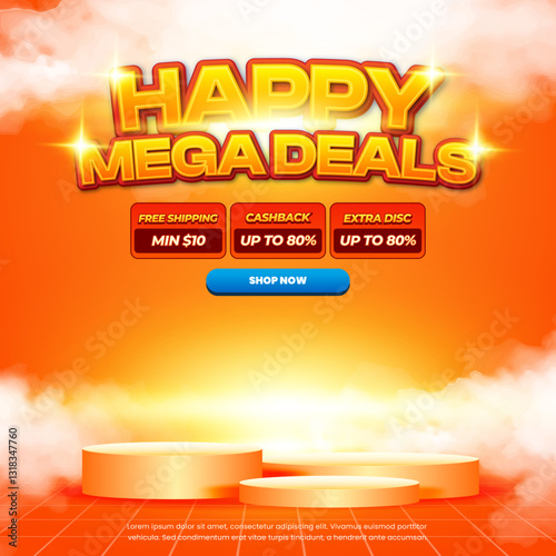 Happy Mega Sale discount deals Bright Yellow gradient Editable text effect Exclusive style Cloudy Half tone Showcase Podium Promotional banner flyer Template