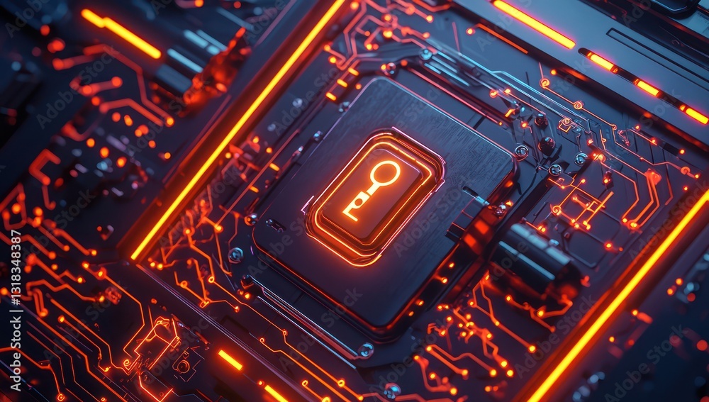 Obraz premium Digital safe with encrypted interface, glowing lock, and circuit visuals.