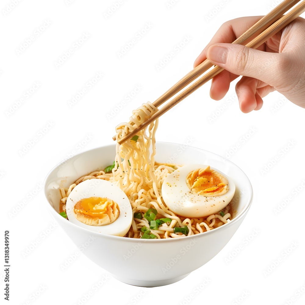 Hand Holding Chopsticks with Ramen Noodles and Egg in Bowl Hand Holding Chopsticks with Ramen Noodles and Egg in Bowl
