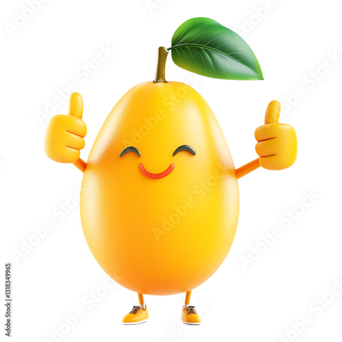 Happy cartoon citrus fruit character with a happy face gives two thumbs up gesture isolated on a transparent background for positivity.