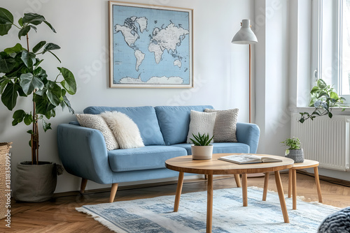 Elegant Modern Living Room with Blue Sofa and Gold Accents – Stylish Interior Design