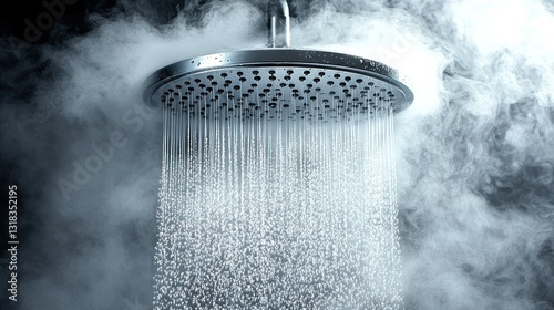 Showerhead sprays water into steamy air, against dark background