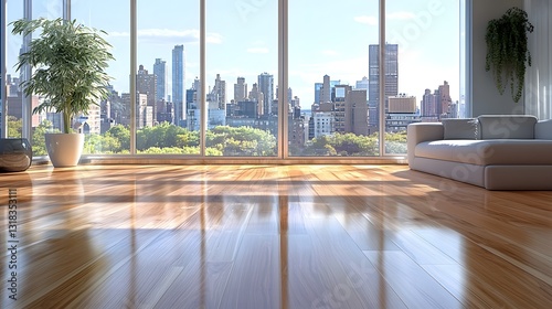 Minimalist Modern Living Room with Panoramic City Skyline View