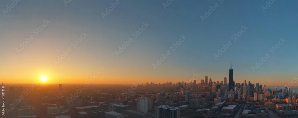 Fototapeta premium A stunning cityscape captures the golden hues of a beautiful sunrise