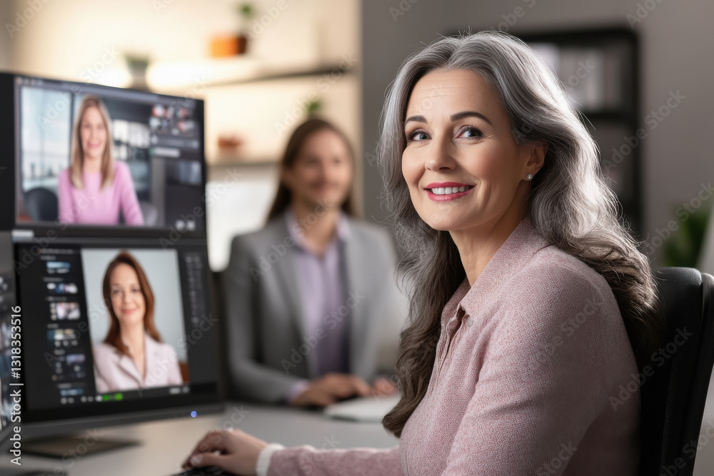Fototapeta premium international business team on a video call, connecting across multiple time zones, screens filled with diverse professionals