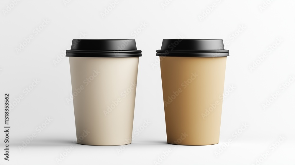 Two disposable coffee cups mockup with black lids Two disposable coffee cups mockup with black lids