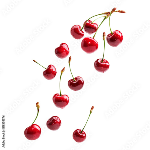 A cascade of fresh red cherries with stems falling down artistically isolated on a clean transparent background for food design.